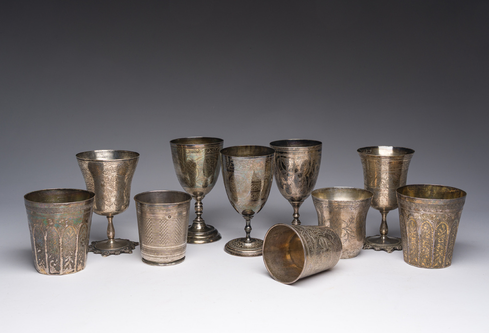 Ten Ottoman floral engraved silver cups with tughra and sah marks, mainly 19th C. (pre-1923)