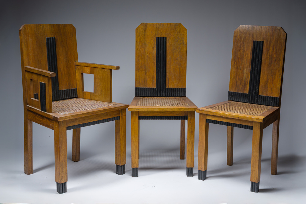 Joseph De Bruycker (1891-1942, attributed to): Two mahogany Art Deco or Modernist chairs and an armchair, De Coene, Kortrijk, ca. 1925