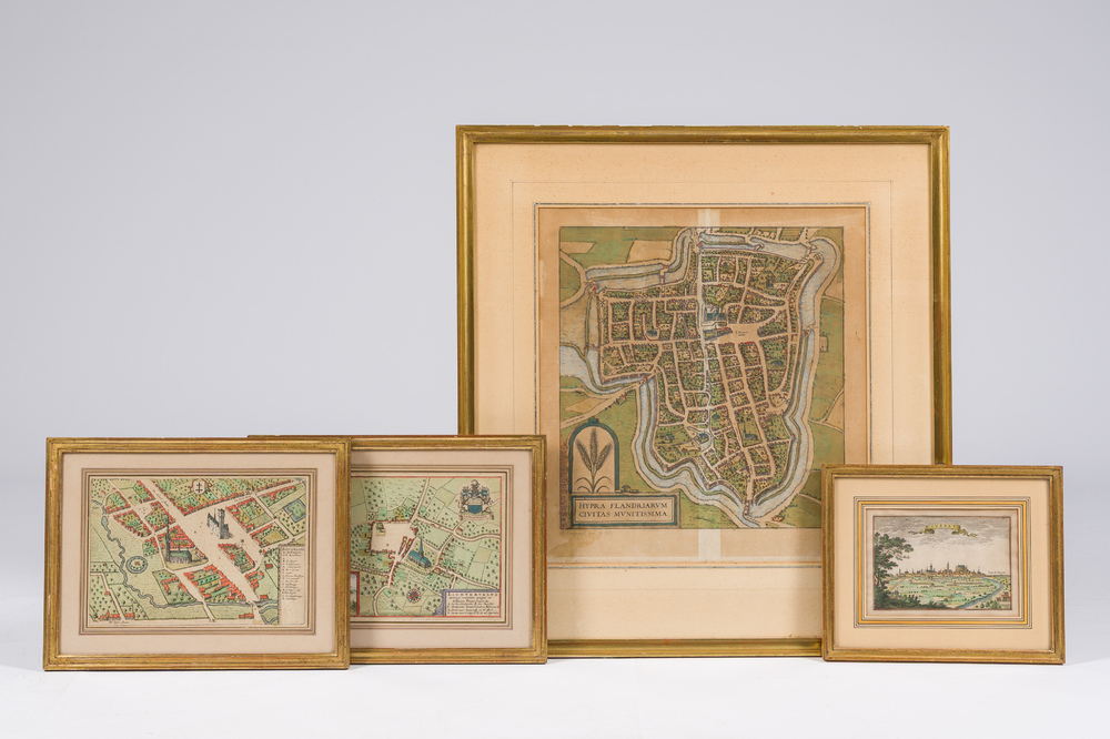 Three hand coloured engraved maps of Ieper, Roeselare, Lichtervelde and a view of Veurne, 16th/17th C.