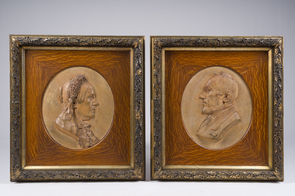 Belgian school: A pair of terracotta patinated plaster portrait reliefs of Arthur Belpaire and his wife, dated 1870