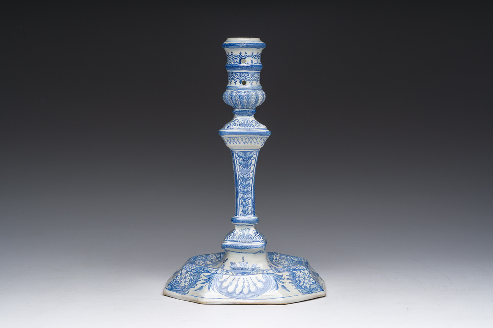 A blue and white Delft style candlestick, France or Germany, 18th C.