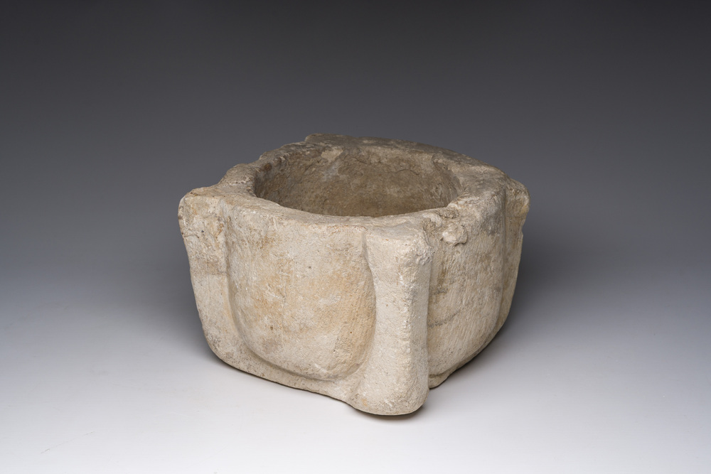 An early carved Balegem stone mortar, probably Flanders, 13th/15th C.