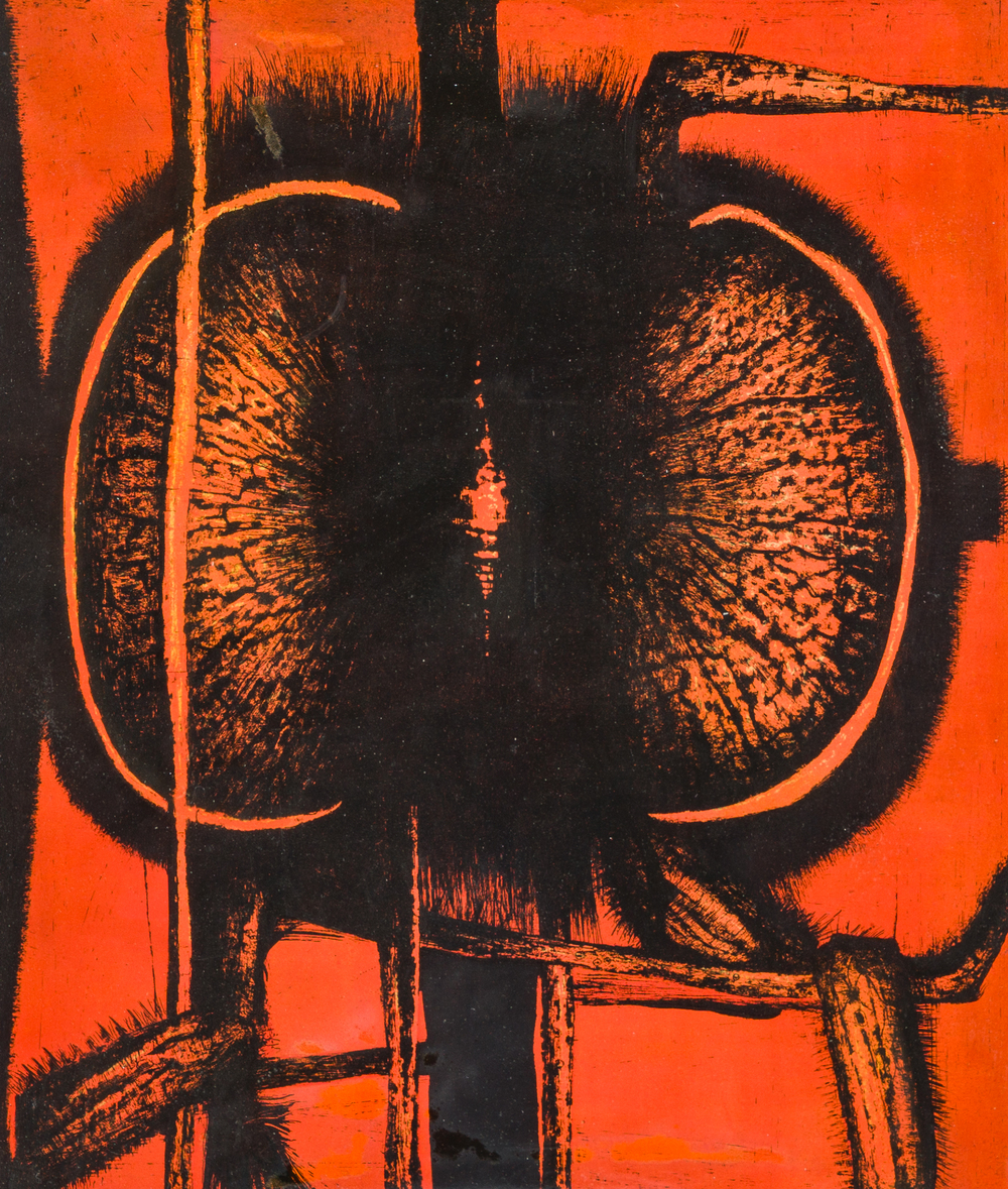 Octave Landuyt (1922-2024): 'Composition en rouge et noir', kleurenlithografie, ed. 4/30, gedateerd 1968