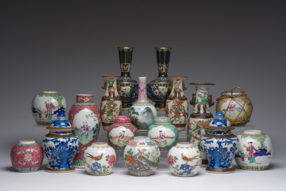 An extensive collection of Chinese blue, white, famille rose and verte porcelain and a pair of cloisonn&eacute; 'butterflies' vases, 20th C.