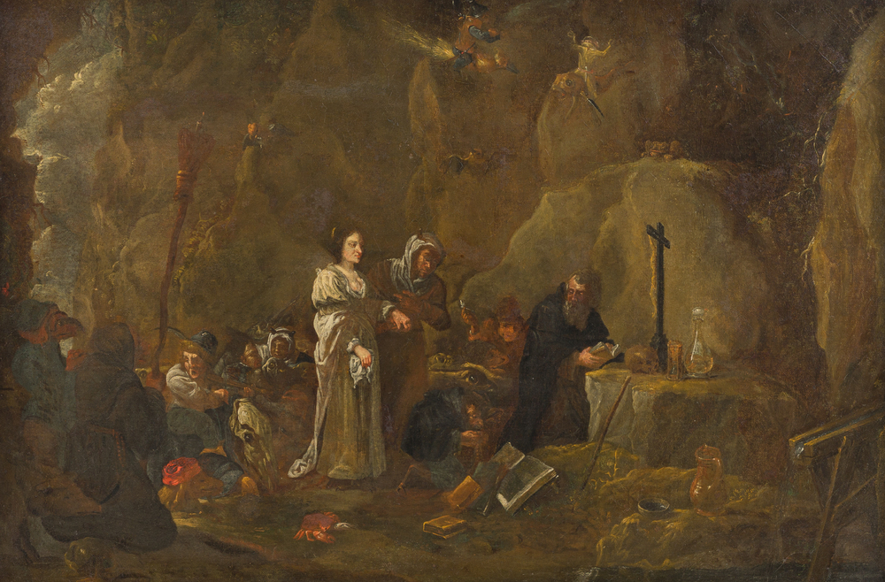 Ecole flamande, suiveur de David Teniers (1610-1690): La tentation de Saint Antoine, huile sur toile, ca. 1700