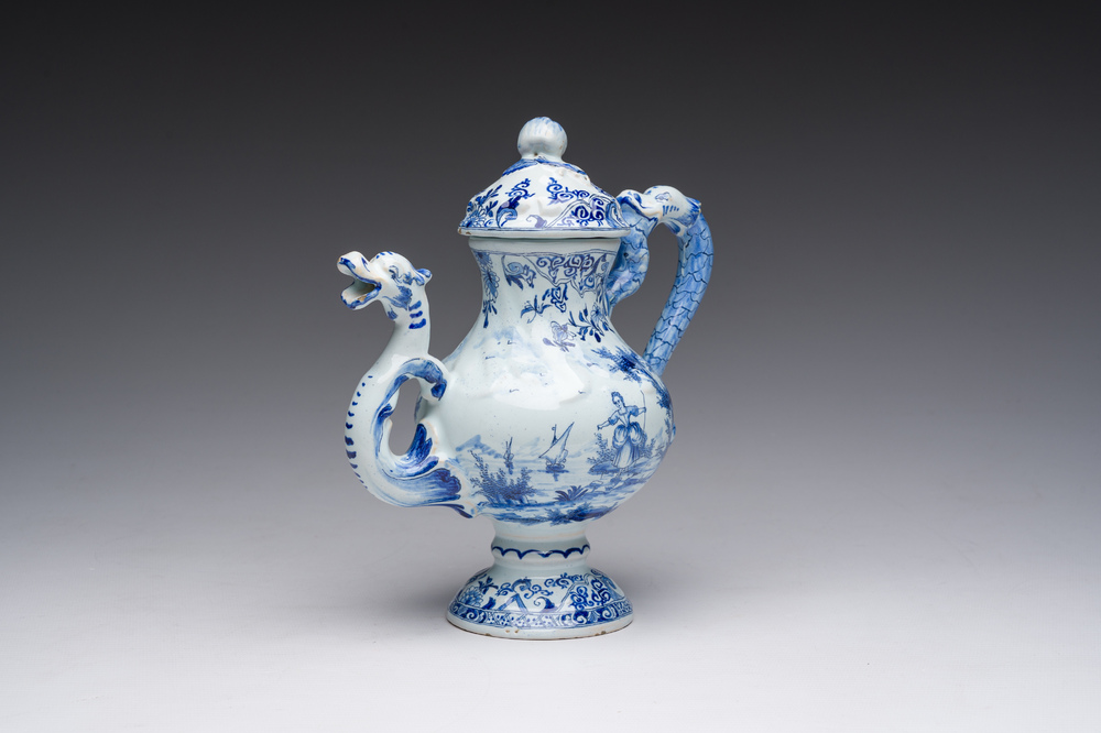 A blue and white Delftware ewer and cover, probably Desvres, France, 19th C.