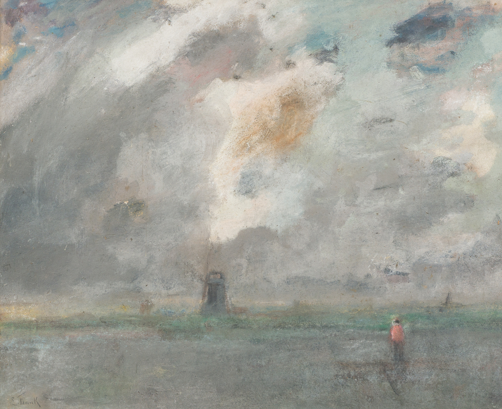 Lucien Frank (1857-1920): Walker in a landscape with a mill at the water's edge, oil on board