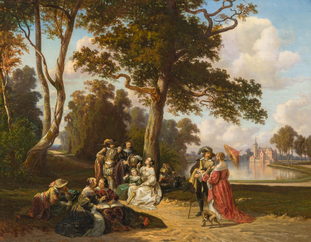 Auguste B&ouml;hm (1819-1891): Compagnie dans un jardin de parc, huile sur toile