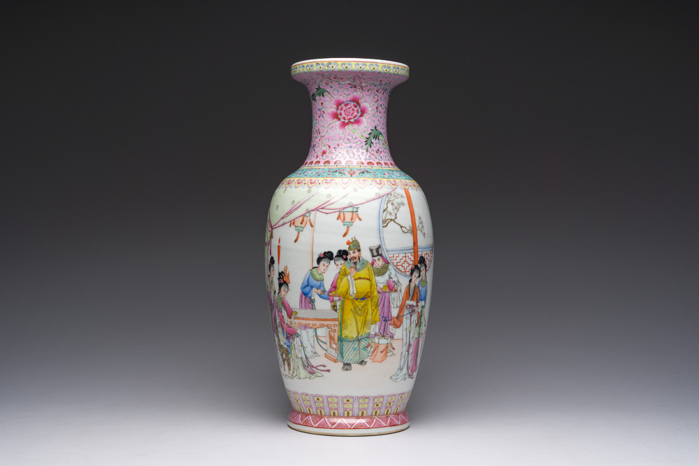 A Chinese famille rose 'court scene' vase, Qianlong mark, Republic, 20th C.
