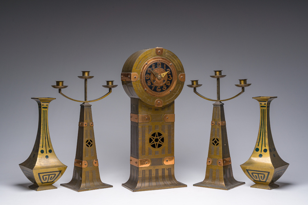 An Arts and Crafts five-piece brass and copper garniture, early 20th C.