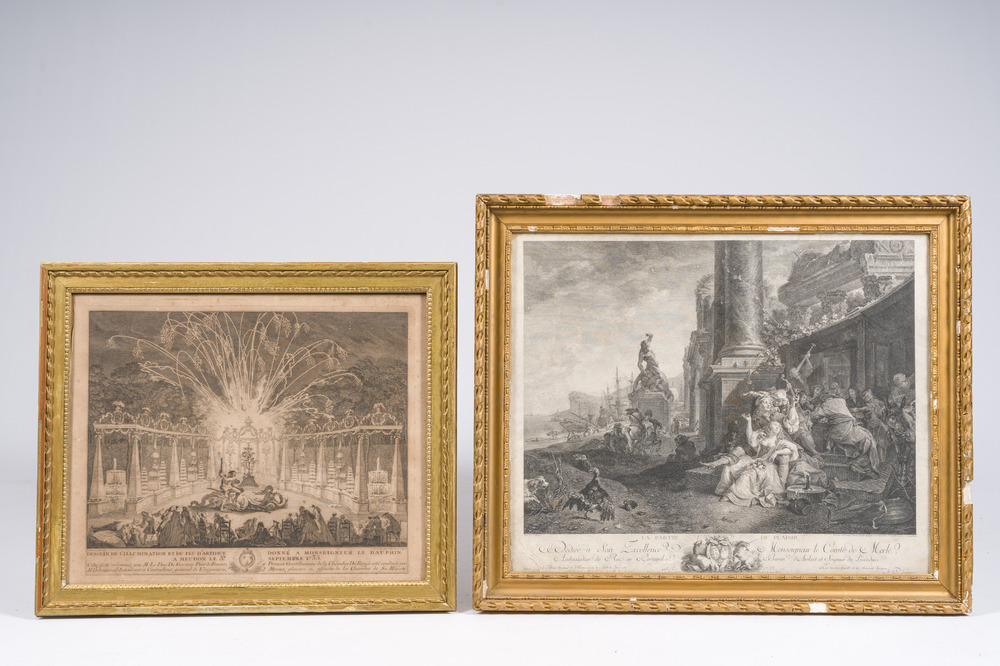 Two large French engravings in gilt wooden frames, 18th C.