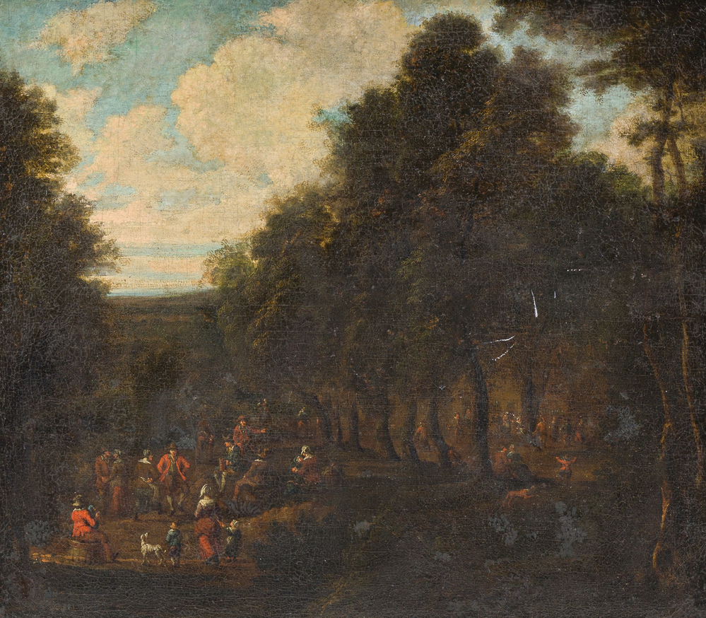 Flemish school: Peasants making merry in a forest landscape, oil on canvas, 17th C.