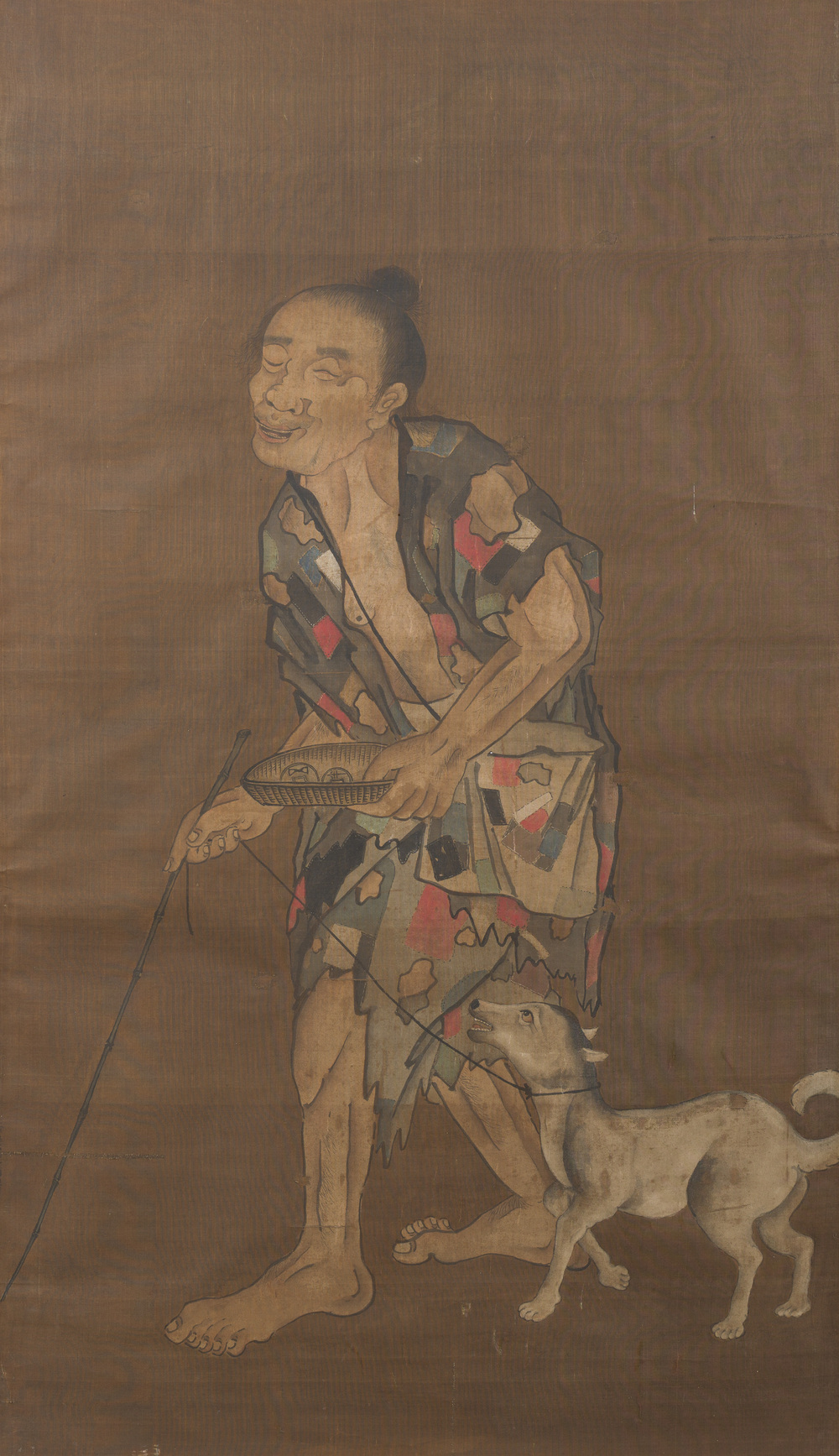 Chinese school: A blind beggar with a dog, ink and colours on silk, probably Ming
