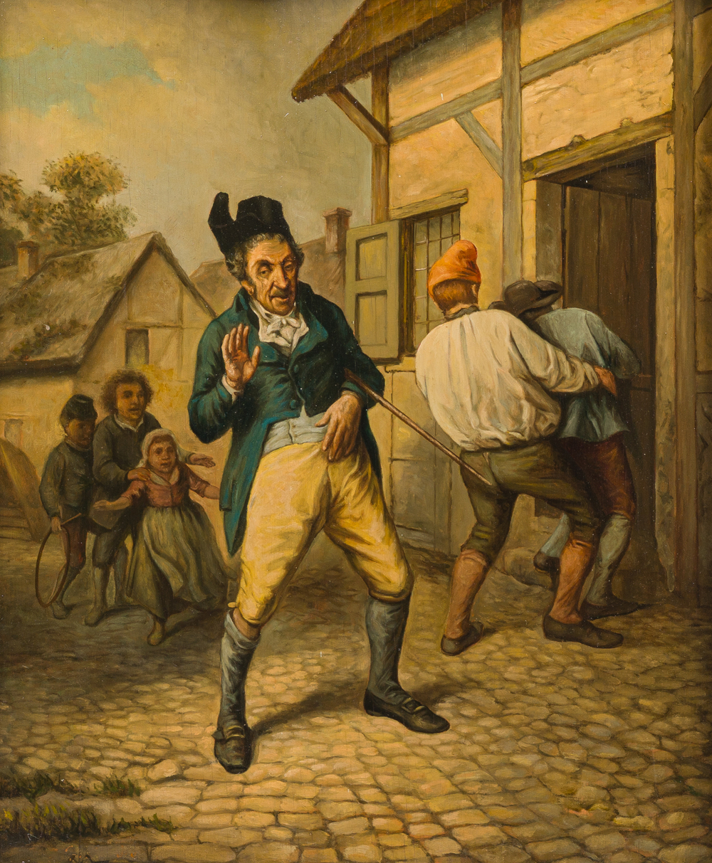 Belgian school, follower of Jean-Baptiste Madou (1796-1877): The drunken policeman, oil on panel, 19th C.