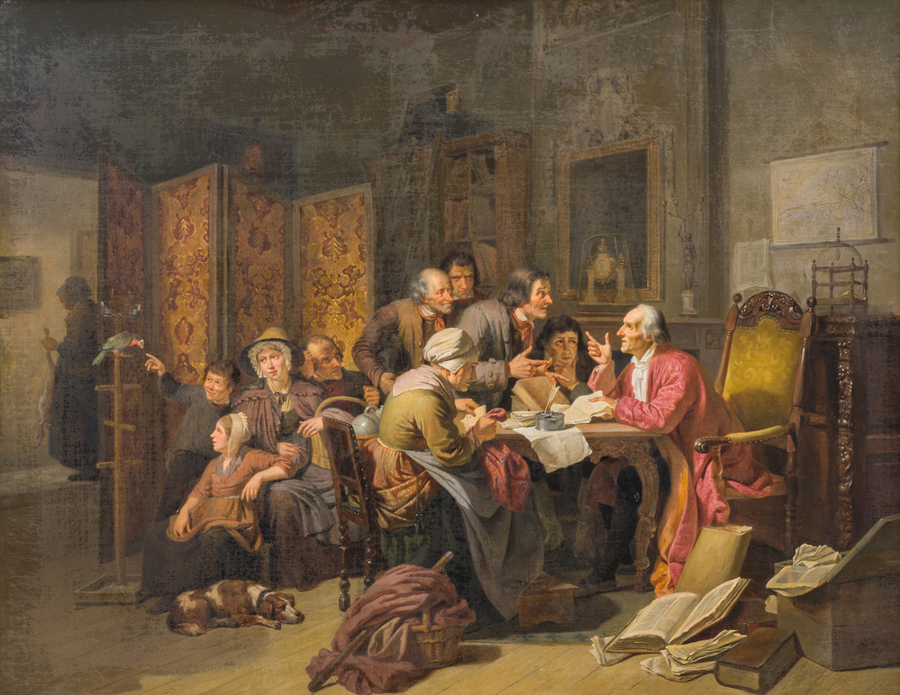 Joseph Geirnaert (1790-1859): 'Chez le notaire', huile sur toile, dat&eacute; 1837