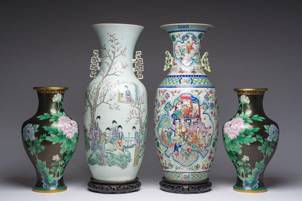 Two Chinese famille rose vases and a pair of cloisonn&eacute; vases with floral design, 19th/20th C.