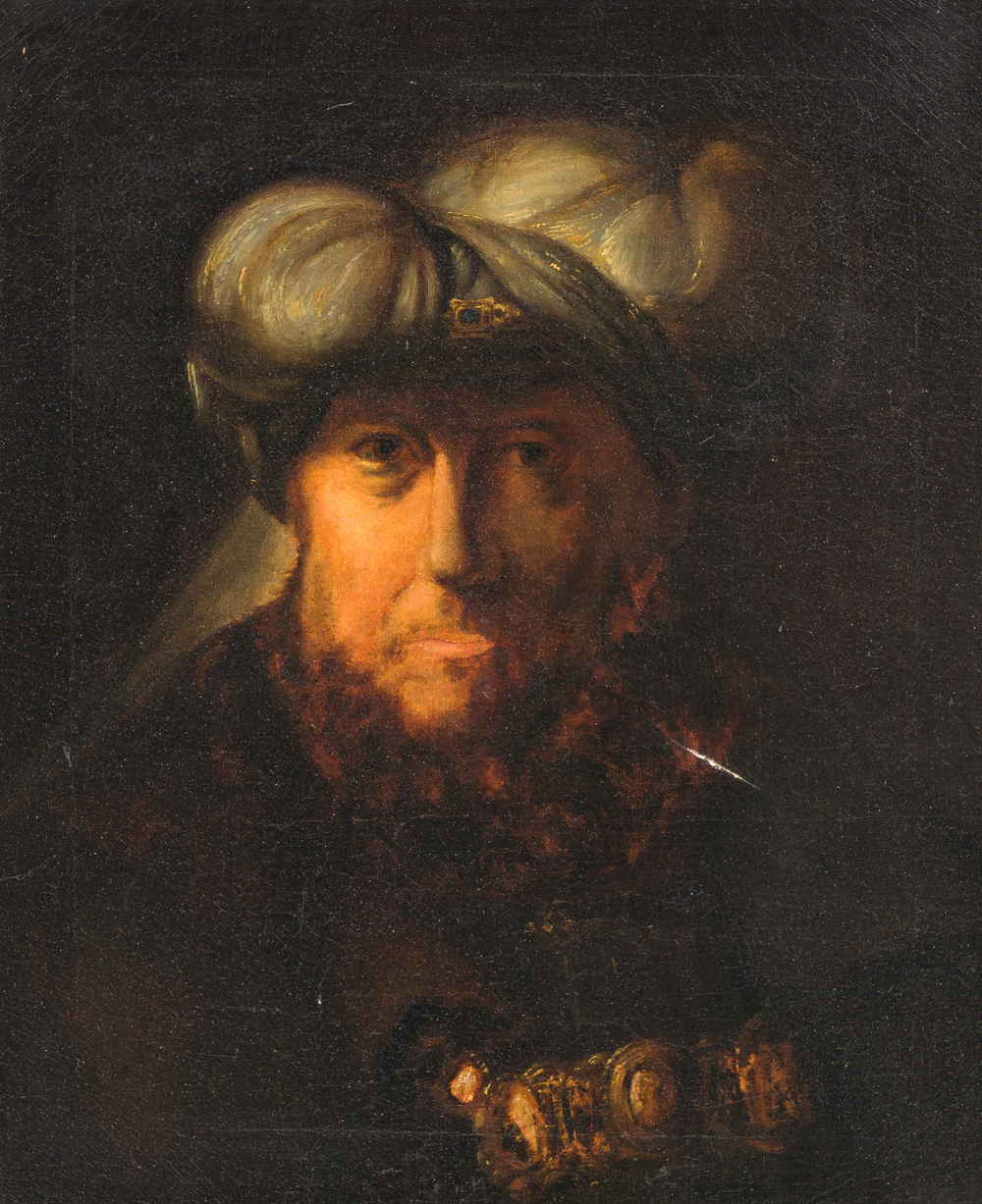 European school, follower of Rembrandt van Rijn (1606-1669): Portrait of a man in Oriental costume, oil on canvas, 19th C.