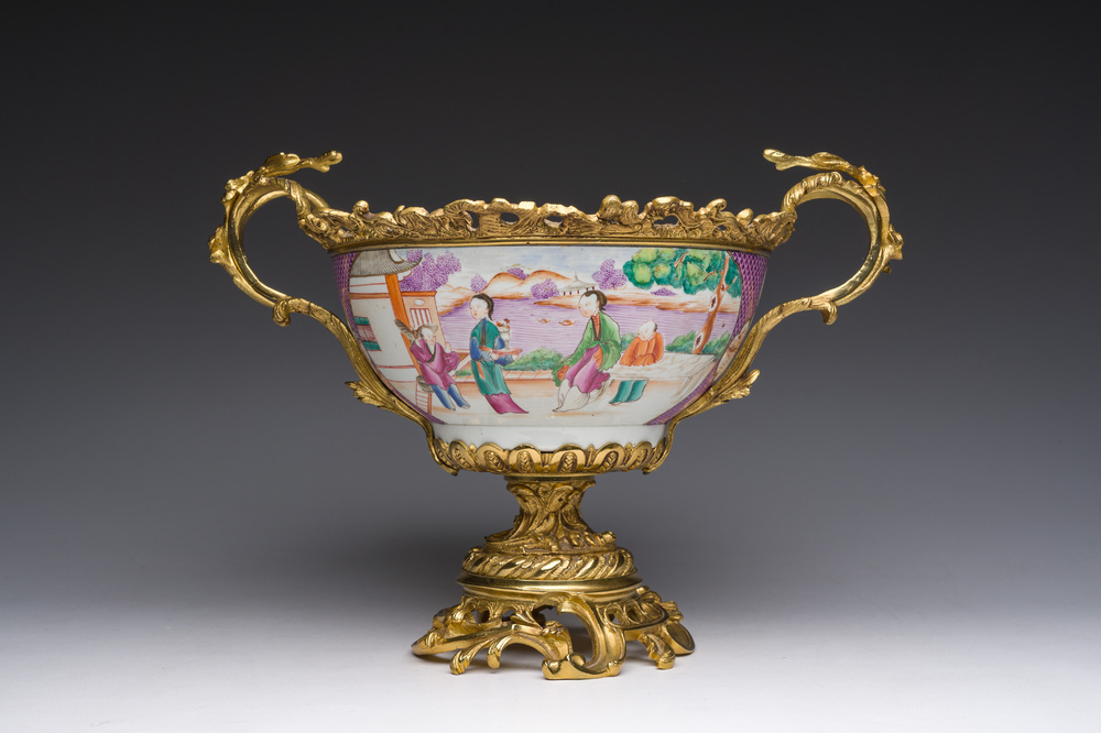 A Chinese gilt bronze mounted famille rose 'Mandarin' bowl, Qianlong