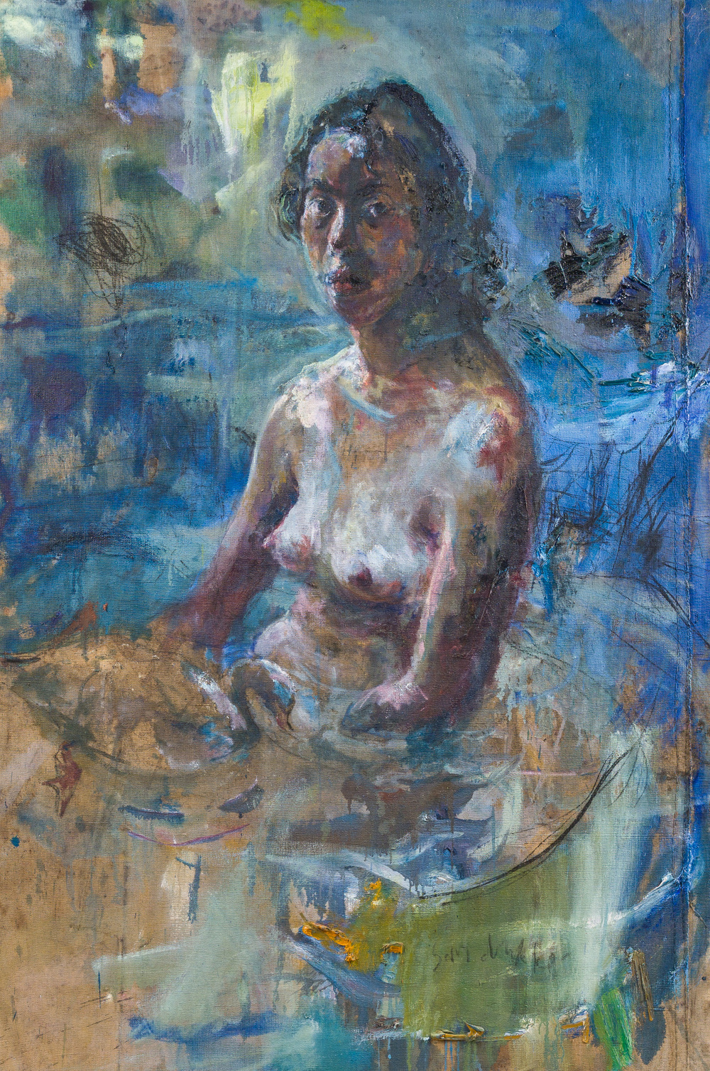 Sam Drukker (1957): 'Vrouw in water' (Woman in water), acrylic, oil and chalk on canvas, dated 1995-1996