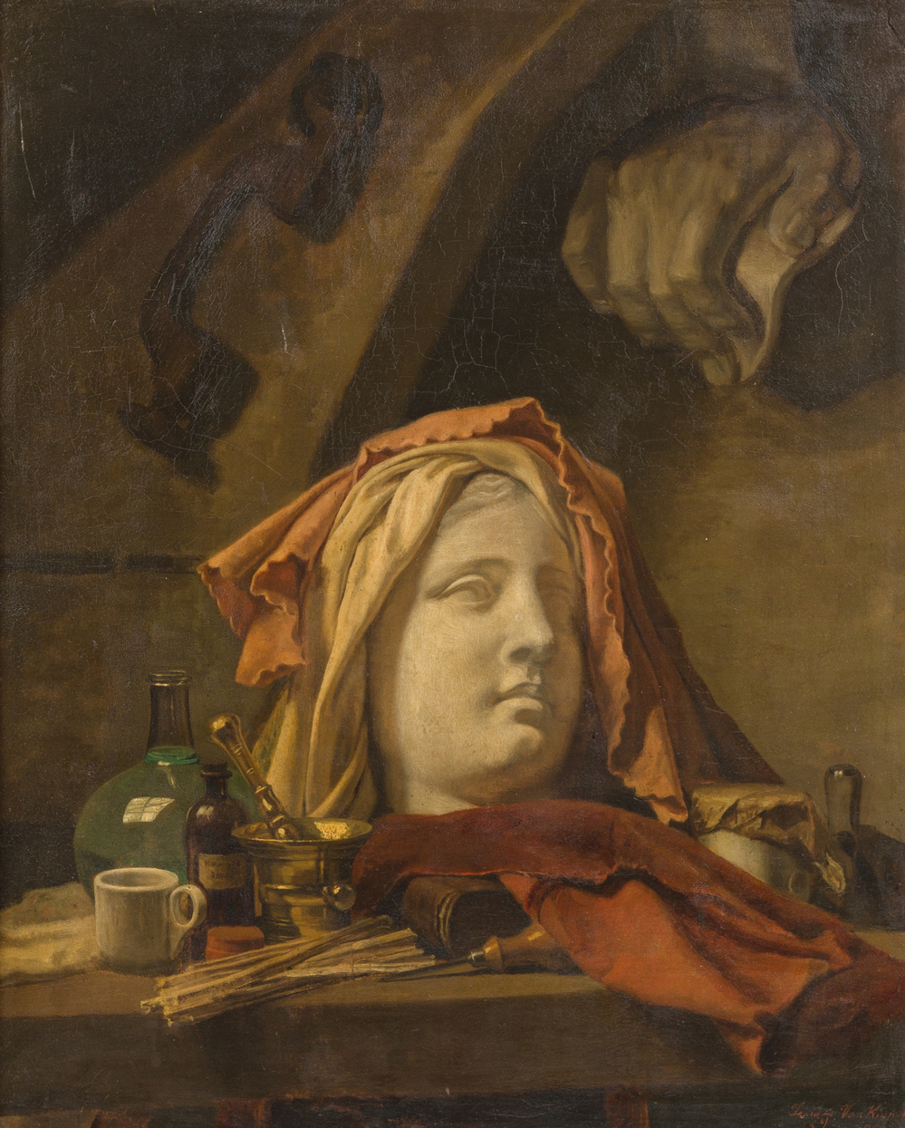 Frans van Kuyck (1852 - 1915): Nature morte dans l'atelier de l'artiste, huile sur toile, dat&eacute;e du 3 juin 1869