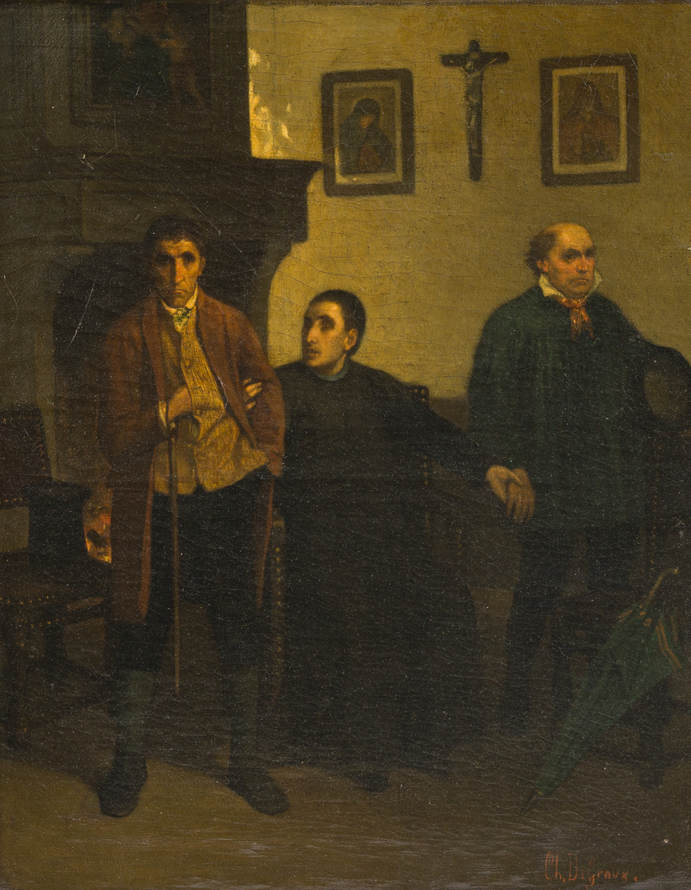 Charles de Groux (1825-1870): Int&eacute;rieur avec un pr&ecirc;tre et deux hommes, huile sur toile
