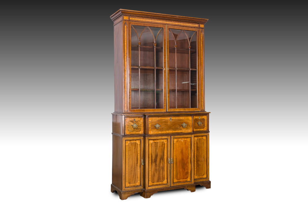 An English two-piece George III inlaid mahogany secretaire breakfront bookcase, ca. 1800