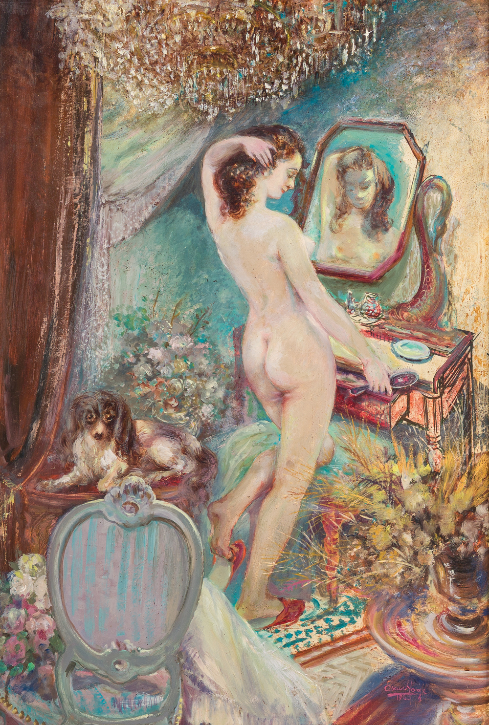 Oscar Hoge (1884-1965): Femme nue dans un int&eacute;rieur occup&eacute;e &agrave; ses toilettes, huile sur board, dat&eacute; 1965