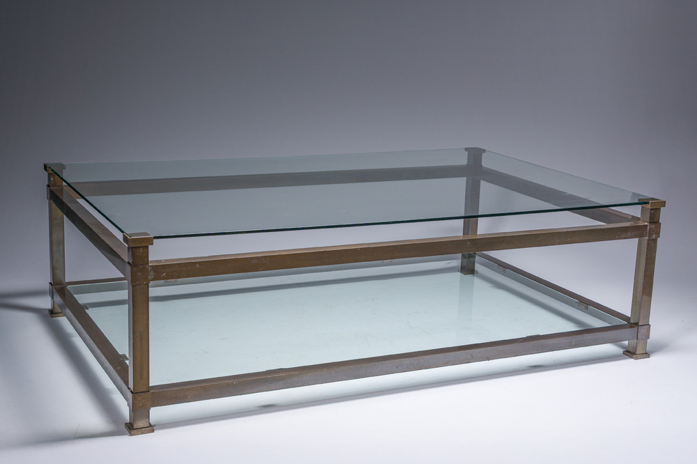 A rectangular patinated brass design coffee table with two glass shelfs, 2nd half 20th C.