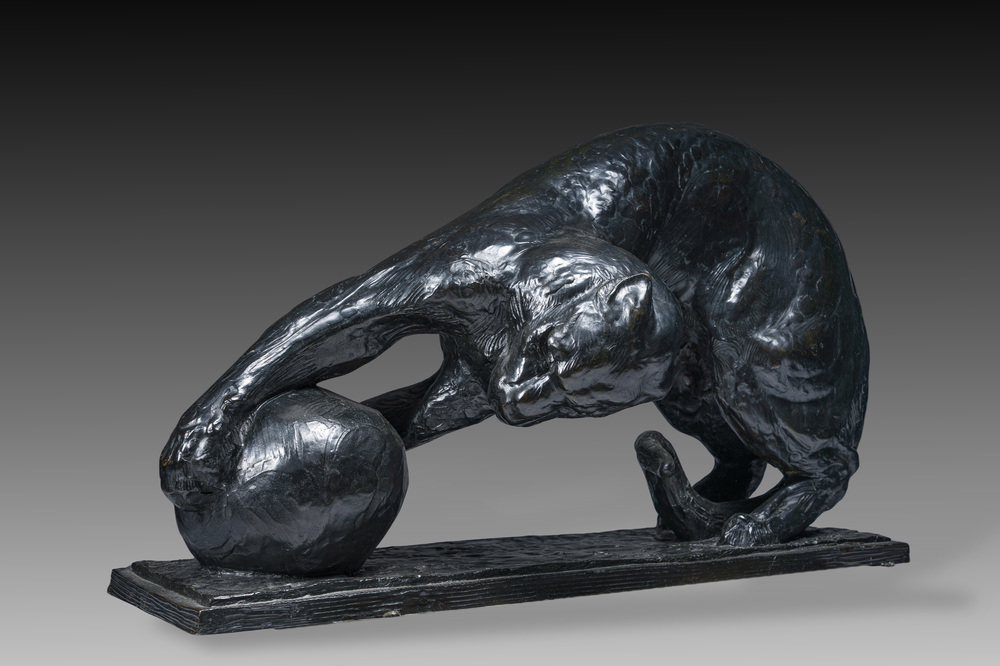 Alb&eacute;ric Collin (1886-1962): Leopard playing with a ball, black patinated bronze, De Groeve foundry mark