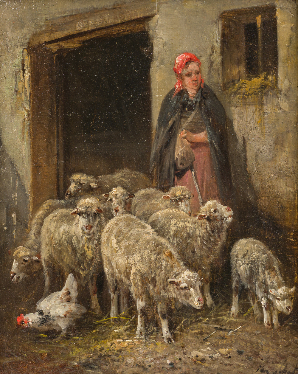 Henry Schouten (1860-1927): Boerin met haar kudde schapen op het erf, olie op paneel