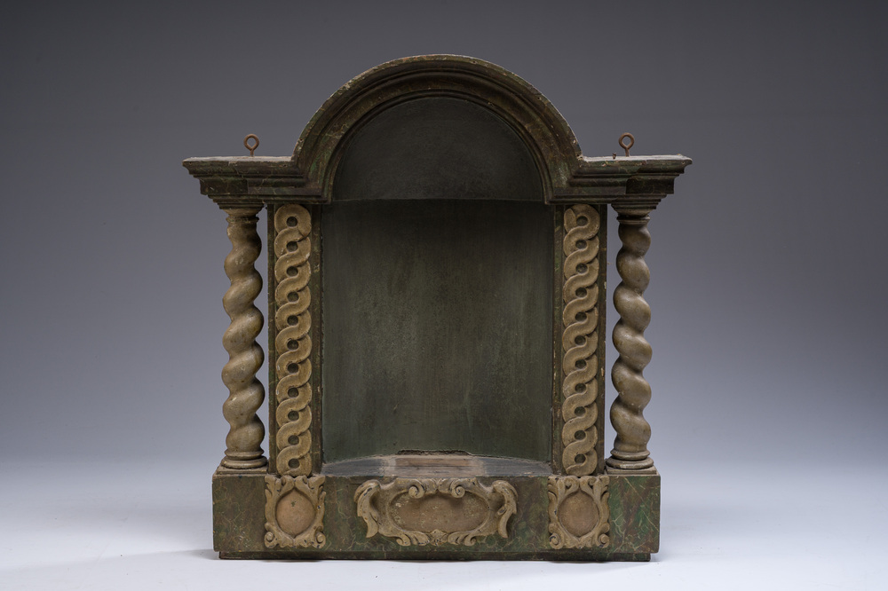 A patinated and faux marble wooden niche with Solomonic columns, 18th/19th C.
