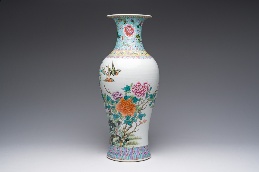 A Chinese famille rose baluster vase with birds among blossoming branches, Qianlong mark, Republic, 20th C.