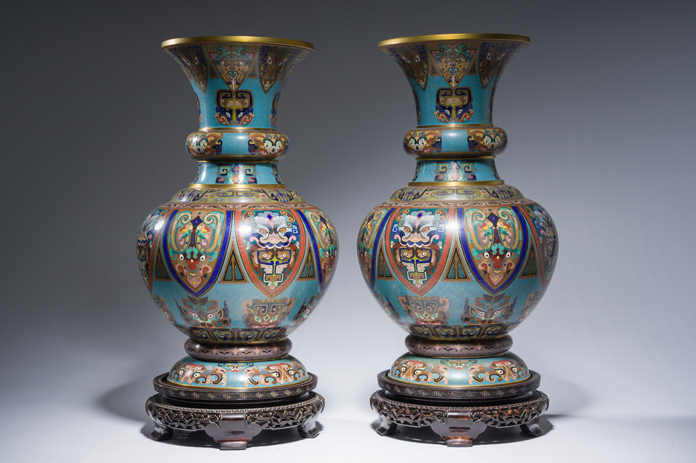 A pair of Chinese cloisonn&eacute; 'taotie masks' vases, 20th C.