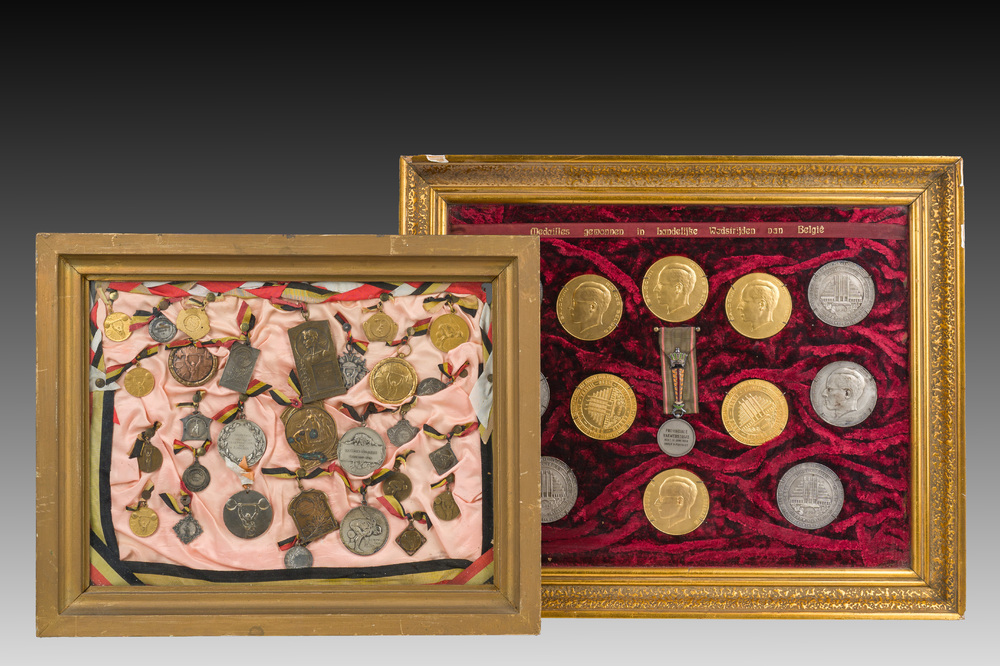 Two framed collections of medals and awards won in Belgian sports and baking competitions, 20th C.
