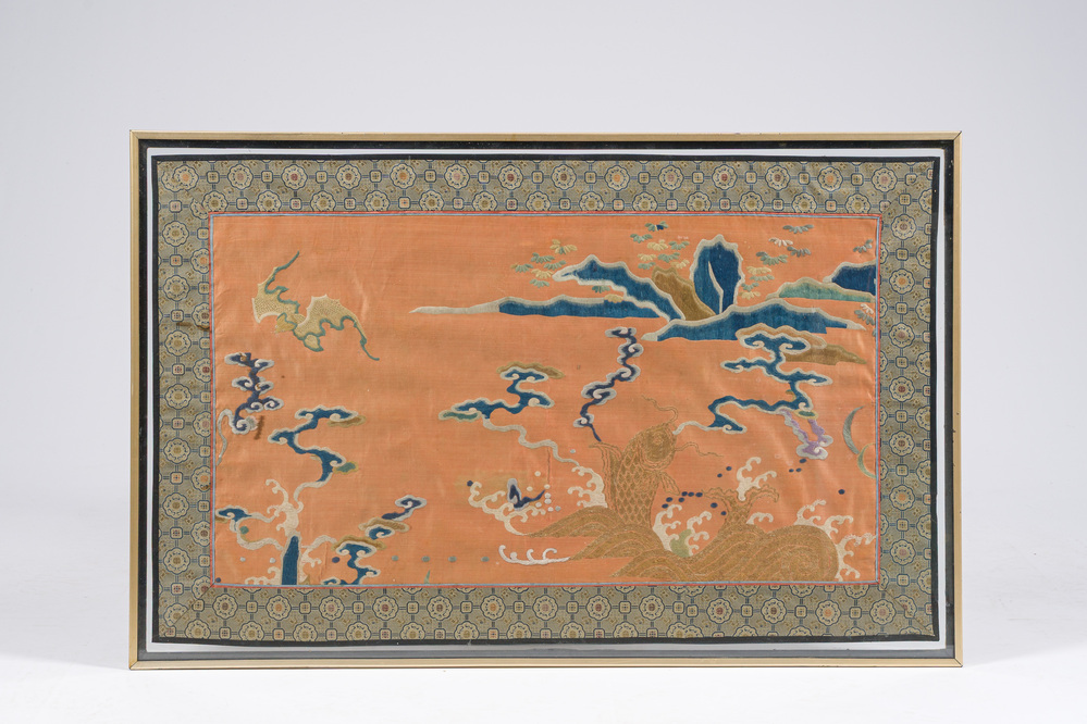 A Chinese embroidered silk 'carp' panel, 19th C.