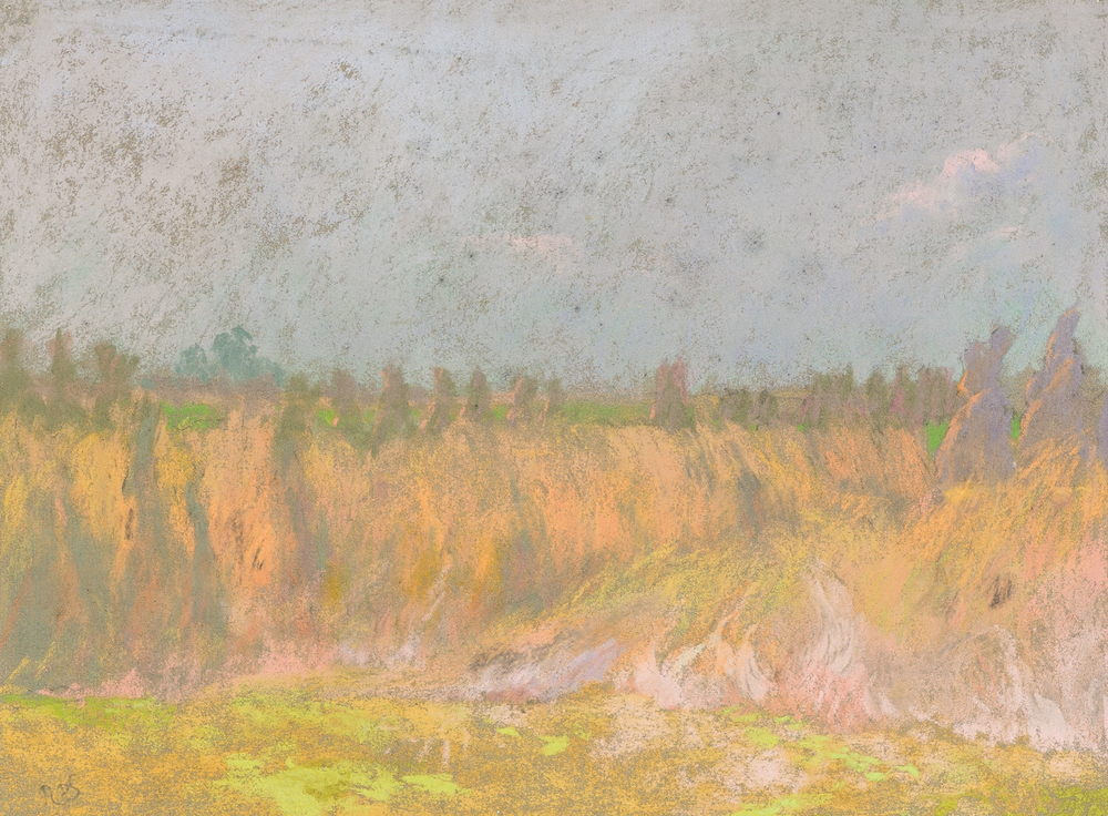 Rodolphe De Saegher (1871-1941): Summer landscape with haystacks, pastel on paper