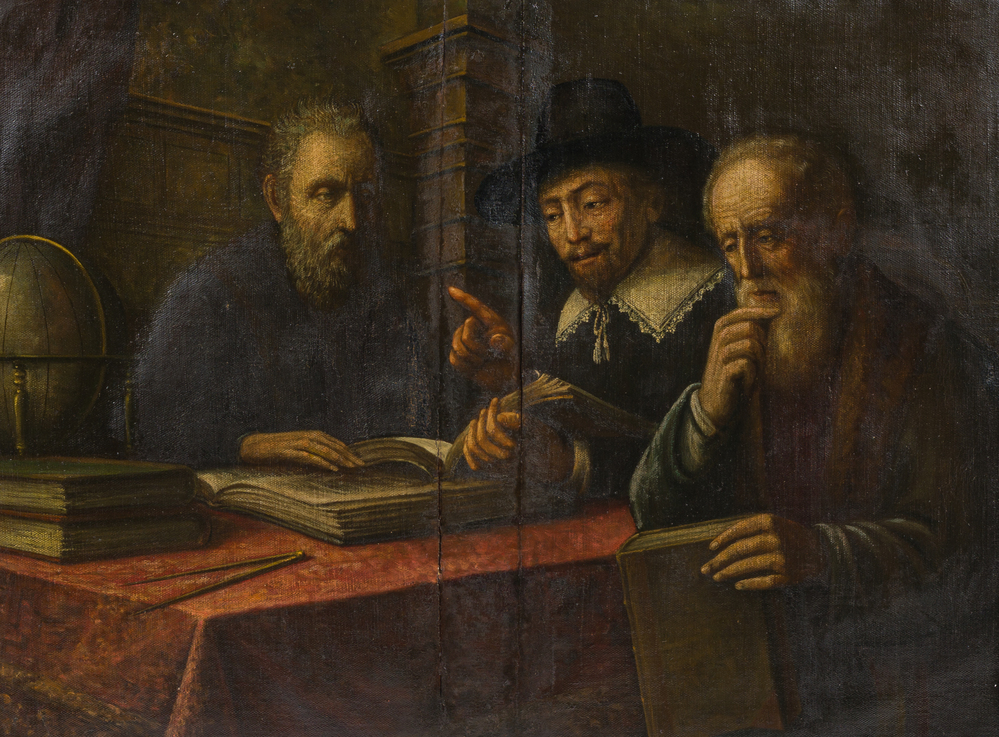 European school: Interior with a meeting of scholars, oil on canvas, 19th C.