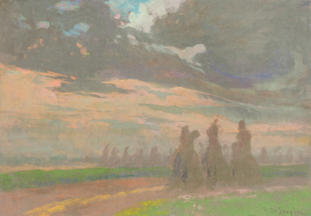 Rodolphe De Saegher (1871-1941): Landscape with haystacks, pastel on paper, dated 1927