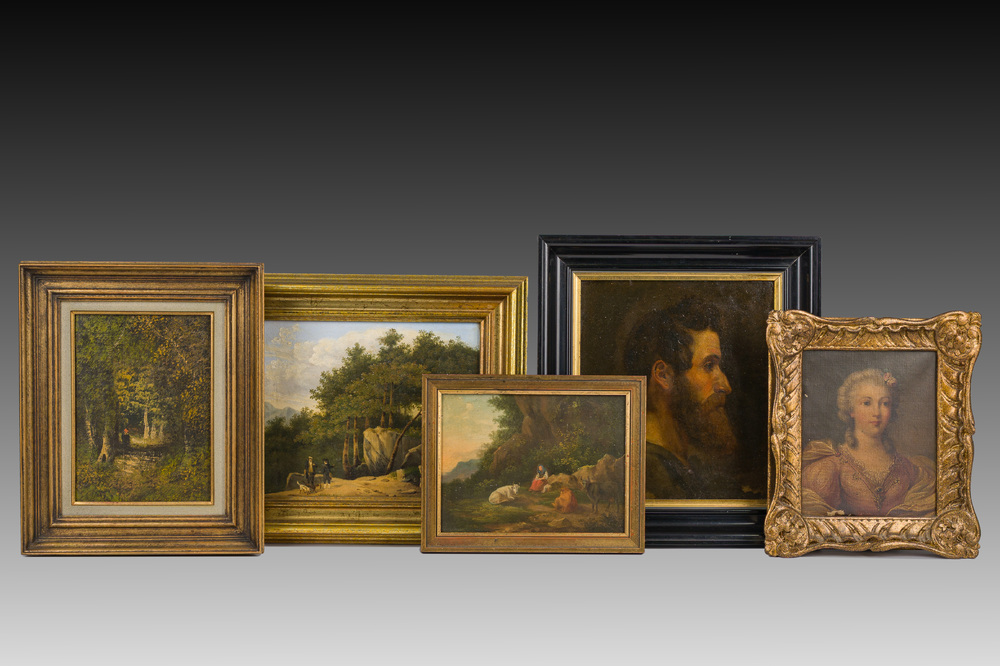 &Eacute;cole europ&eacute;enne: Cinq peintures diverses, huile sur toile et panneau, 19&egrave;me/20&egrave;me si&egrave;cle