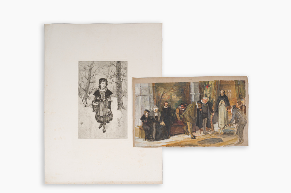 Willem Geets (1838-1919): Model for a historical scene, oil on canvas and Jean-Bapt. Coene (1859-1946): 'Le petit chaperon rouge', etching, dated 1891