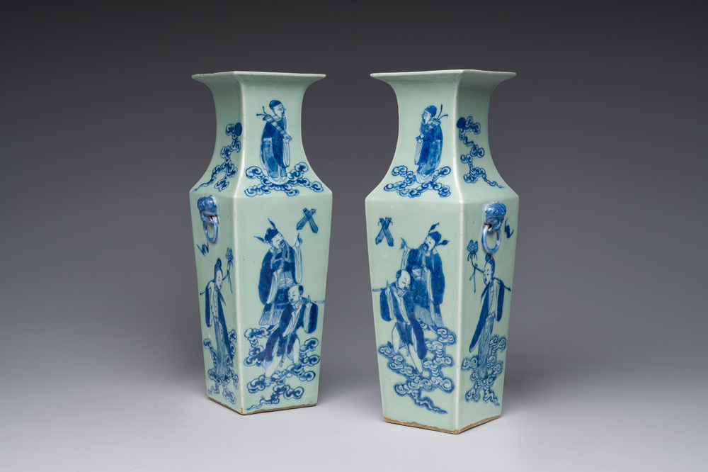 A pair of Chinese square blue and white celadon ground 'Eight Immortals' vases, 19th C.