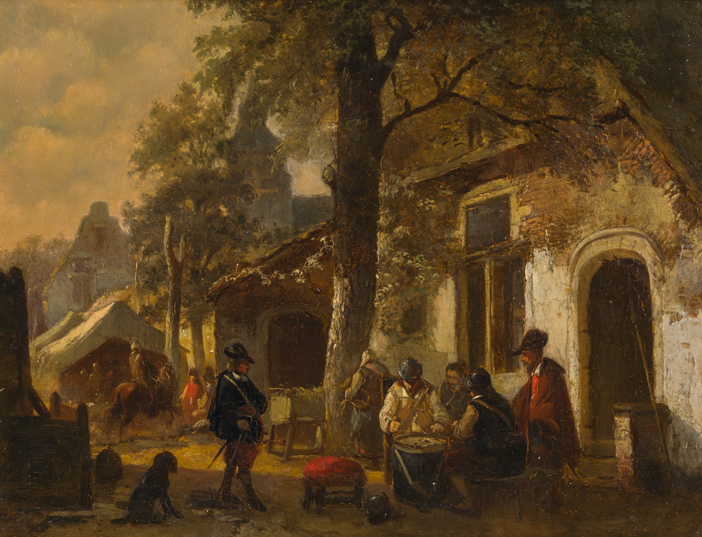 Louis Tielemans (1826-1856): Le campement devant l'auberge, huile sur panneau, dat&eacute; (18)48