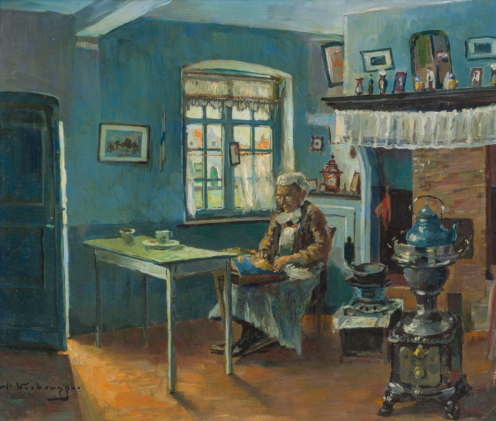 Charles Verbrugghe (1877-1974): Interieur met dame, olie op board
