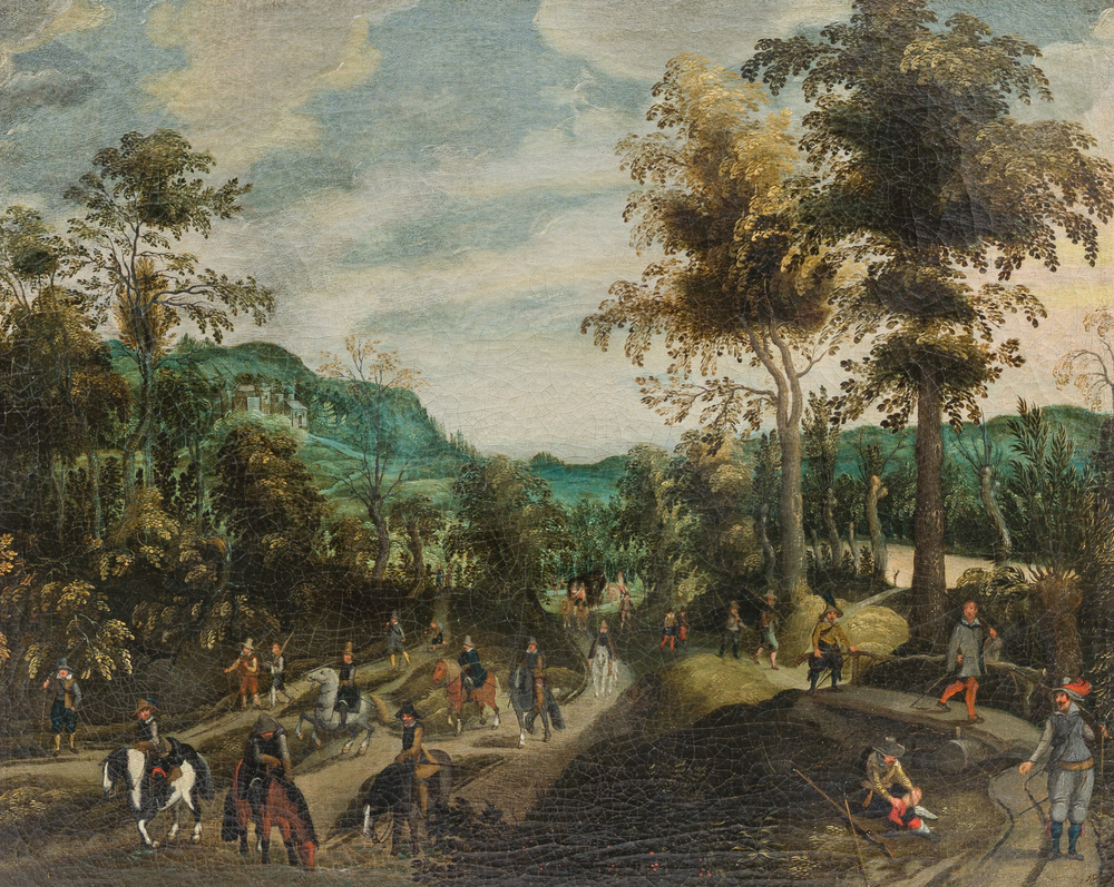 Sebastiaen Vrancx (1573&ndash;1647): Paysage vallonn&eacute; et bois&eacute; o&ugrave; des soldats voyagent et se reposent sur la route, huile sur toile, vers 1608-1609