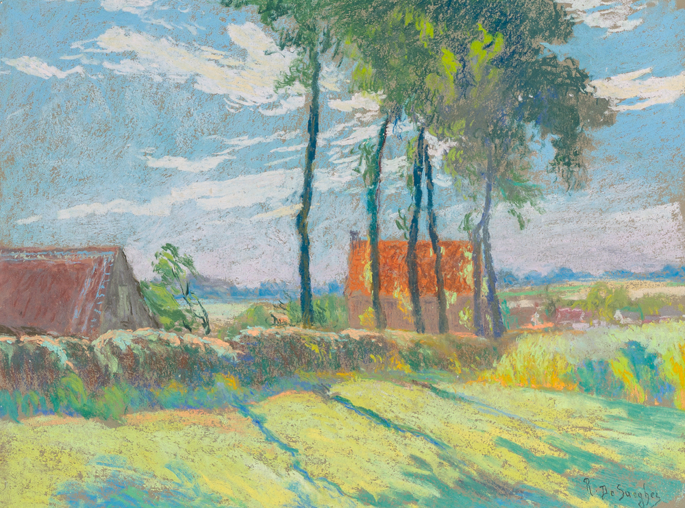 Rodolphe De Saegher (1871-1941): Zomers landschap met huizen en een bomenrij, pastel op papier