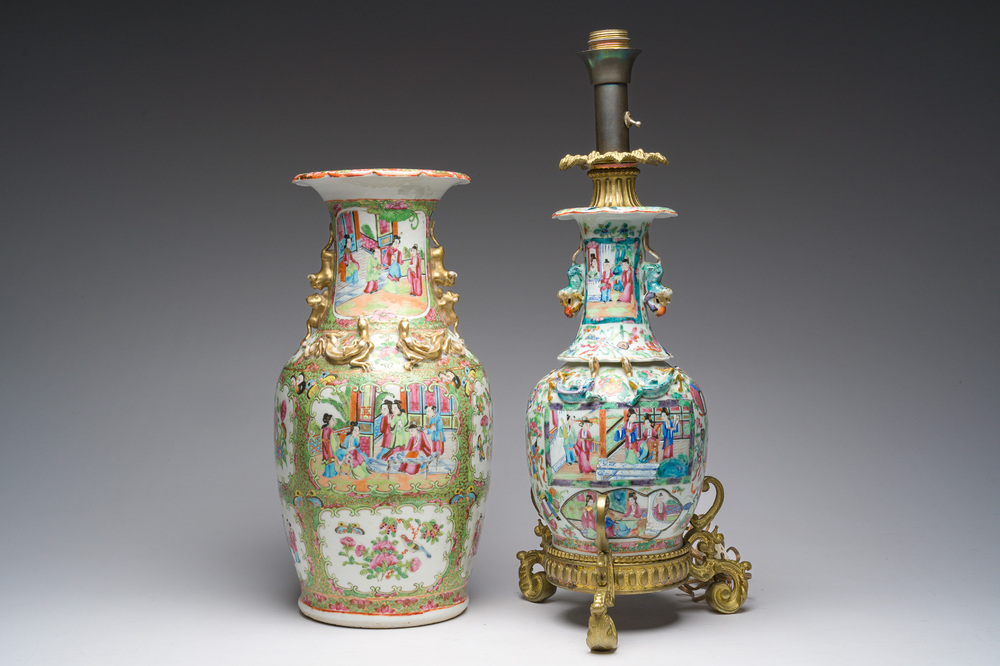 Two Chinese Canton famille rose vases with palace scenes and floral design, one of which mounted as lamp, 19th C.