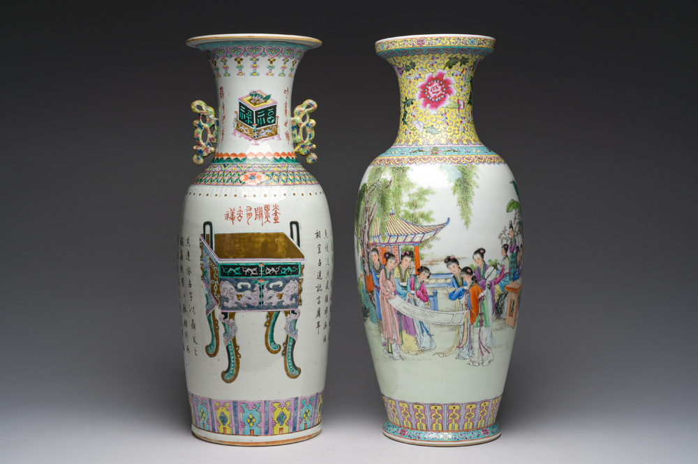 A Chinese famille rose 'antiquities' vase and a vase with figures in a garden, 19th/20th C.