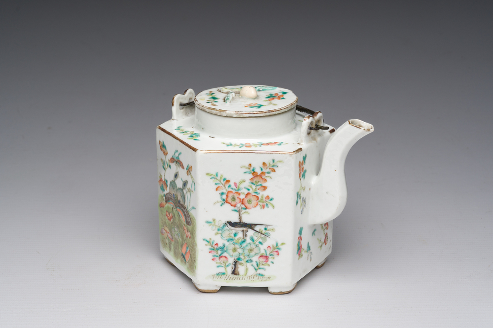 A Chinese hexagonal famille rose 'magpies and butterflies' teapot and cover, Tongzhi mark and of the period