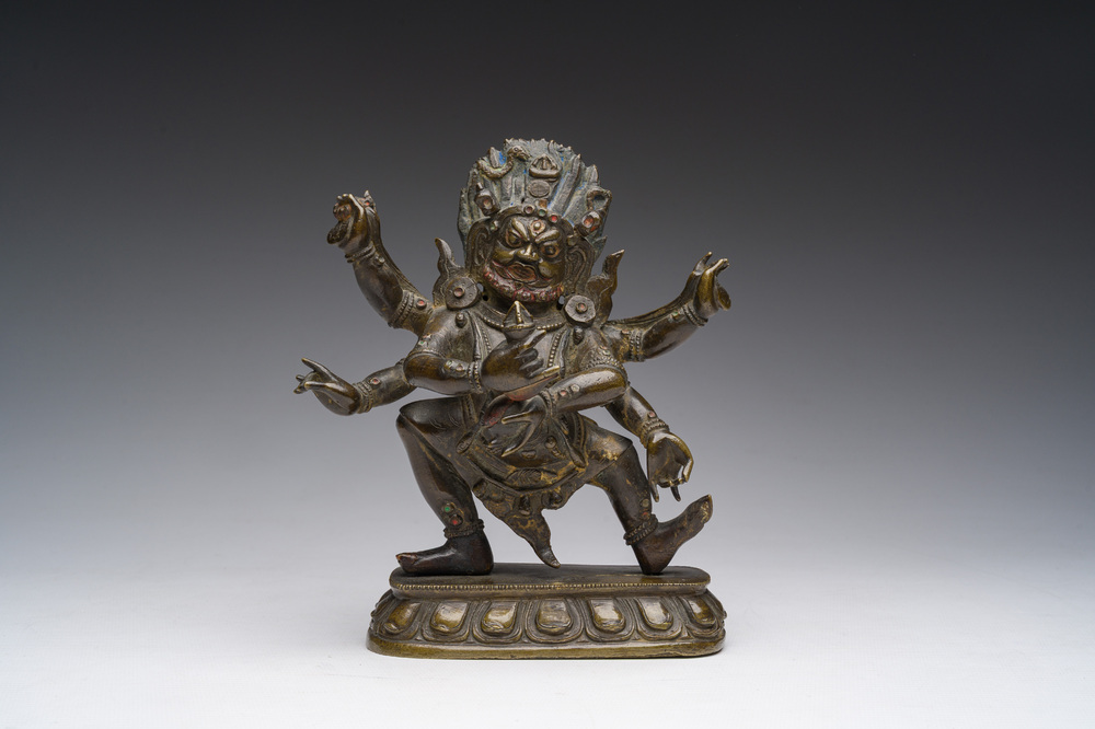 A Sino-Tibetan gilt bronze 'Mahakala' sculpture with polychrome design, 19th/20th C.