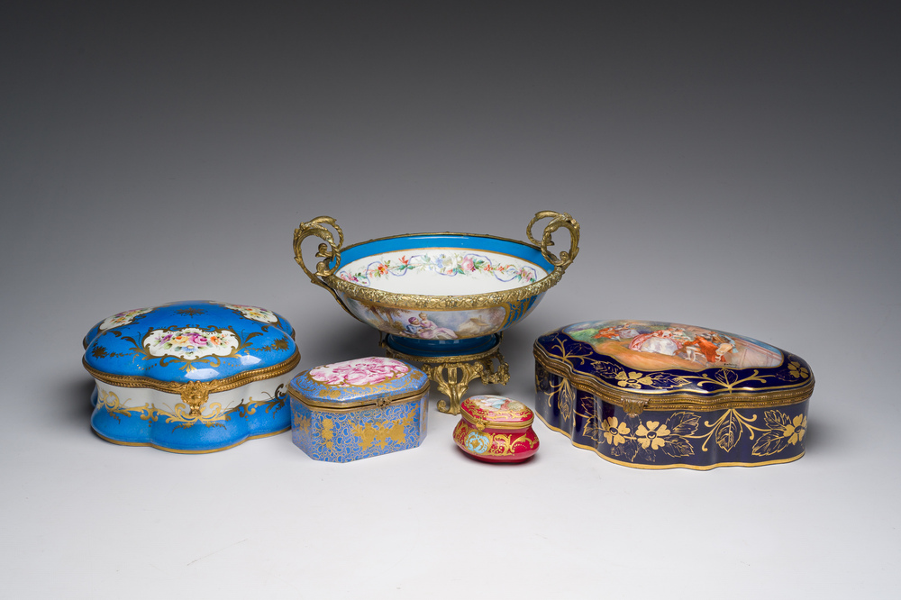 Four Sevres style porcelain boxes and a gilt bronze-mounted bowl, 20th C.